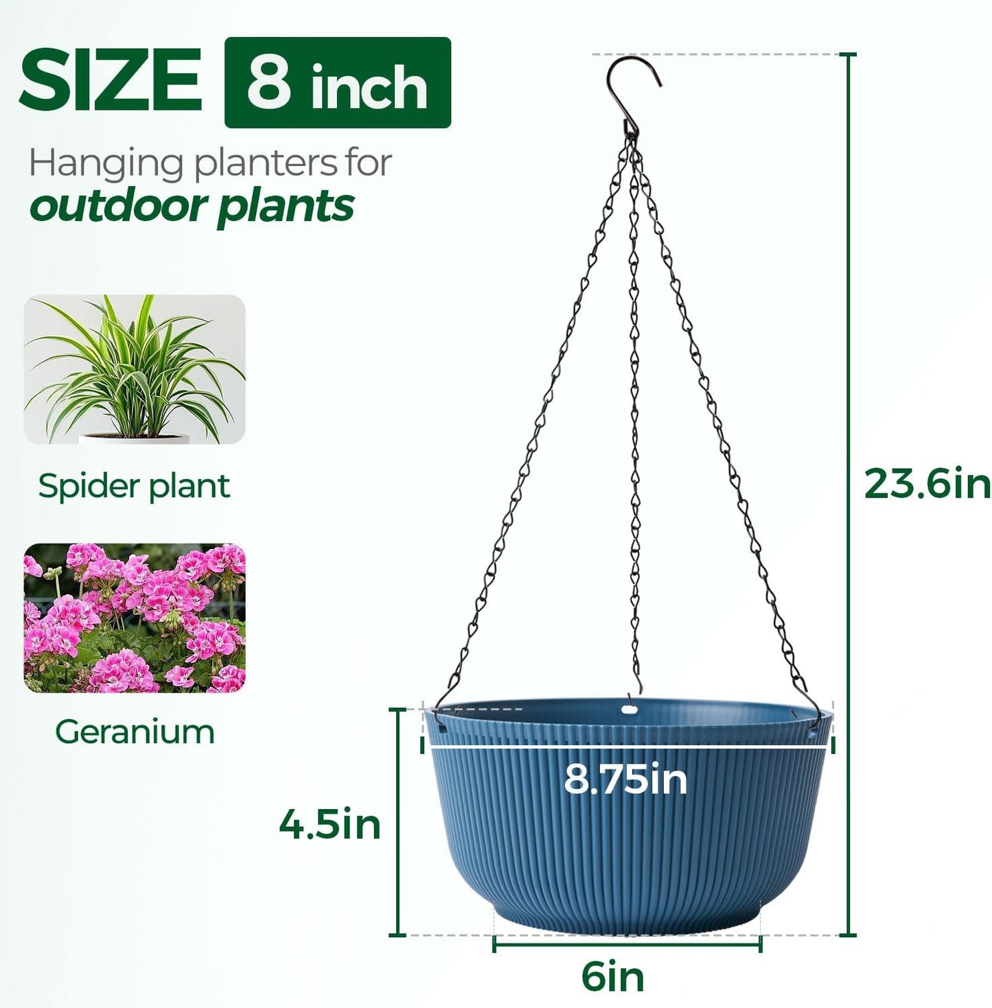 T4U 10 Inch Hanging Planters for Indoor Plants, 2 Pack White Self Watering Hanging Plant Pot, Hanging Pots Set with Drainage Hole & Plug & Chain with 3 Hooks for Garden Home Decor