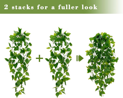 BLEUM CADE Fake Hanging Plants, 2pcs Artificial Pothos Vines Greenery for Wall Home Living Room Office Indoor Outdoor Decor (No Baskets)