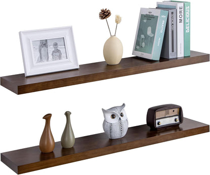 Floating Shelves 36 Inches Long - 8 Inch Deep Rustic Premium Solid Pine Wood for Storage - Farmhouse Wall Mounted for Living Room - Heavy-Duty Metal Bracket - 36" W x 8" D - Set of 2 - White Color