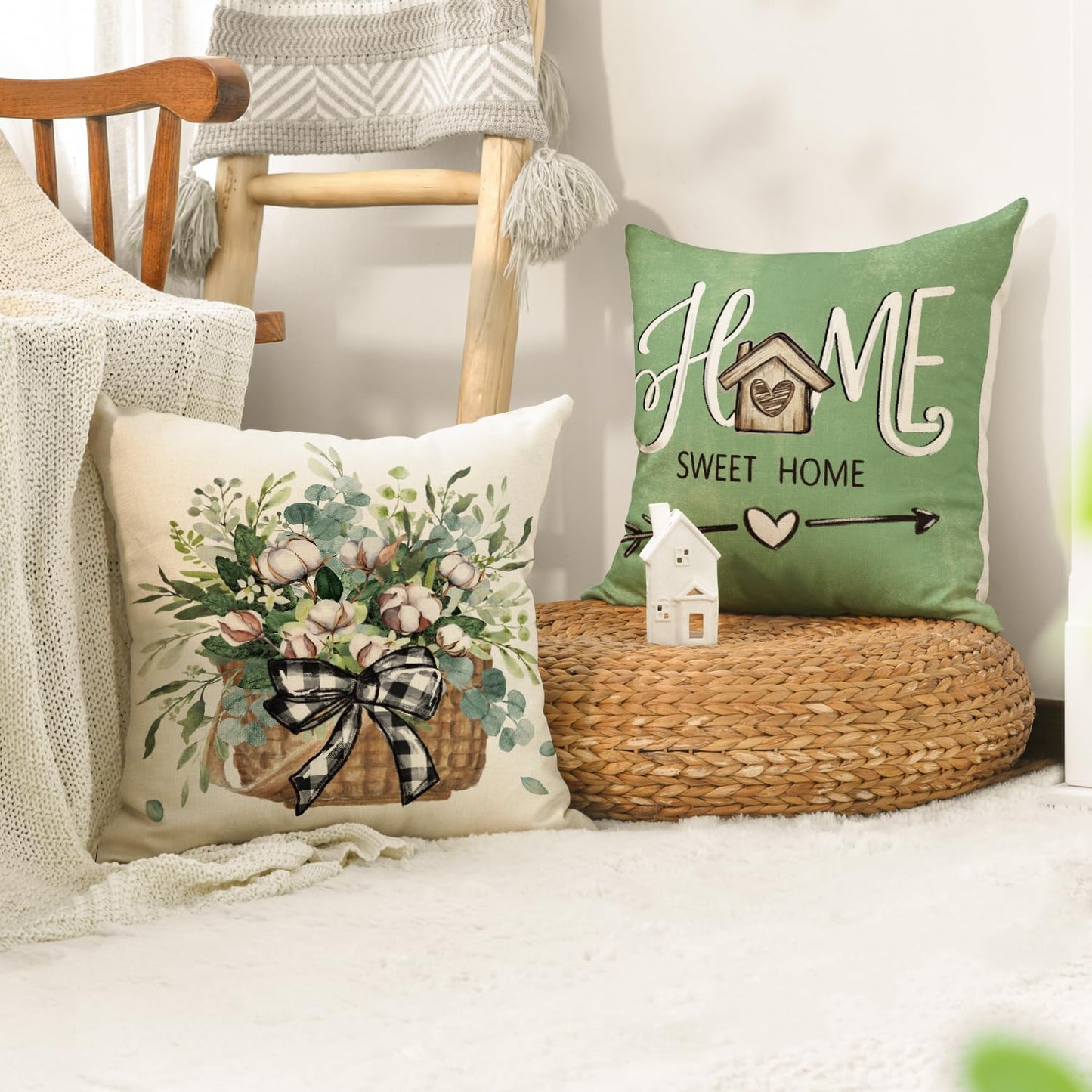AVOIN colorlife Bless Our Home Farmhouse Eucalyptus Leaves Throw Pillow Covers, 18 x 18 Inch Truck Home Sweet Home Cushion Case Decorations Set of 4