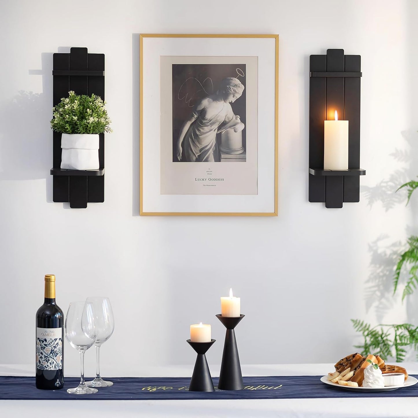 Candle Sconces Black Wall Decor Set of 2 - Wood Wall Candle Holders Set of Two for Small Plants Pillar Candles Tealight - Gothic Distressed Decor for Living Room