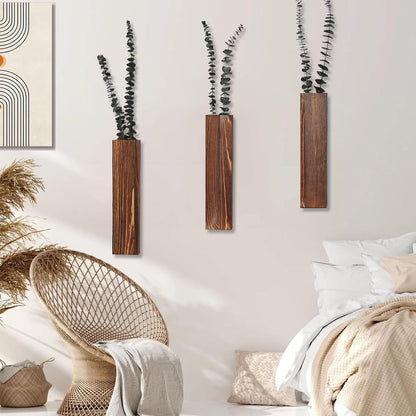Wooden Wall Planter Set of 4 - Modern Home Decor for Living Room, Bedroom, Bathroom - Walnut Finish Planter for Dried Flowers, Faux Greenery, Indoor Plants