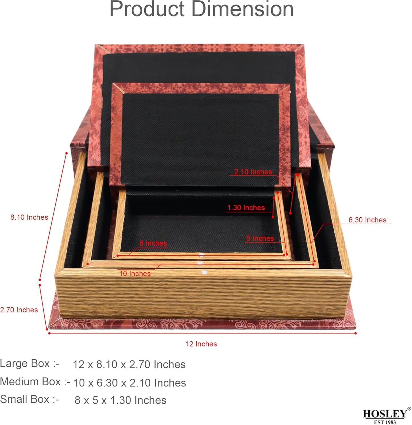 Hosley Farmhouse Memory Book Boxes Set of 3, Red Brown & Gold, Decorative Nesting Storage Boxes 12 10 8 Inch, Faux Leather Keepsake Photo Jewelry Box for Wedding Gift