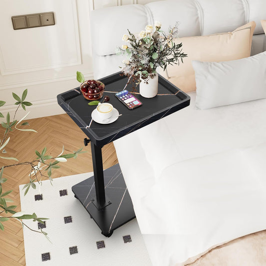 C Table End Table Adjustable Height, 360°Swivel TV Tray Table for Small Spaces, Couch Tables That slide under, C Shaped Side Tables living room and bedroom for Sofa, Bed,Chair, Snack (1, Walnut Brown)