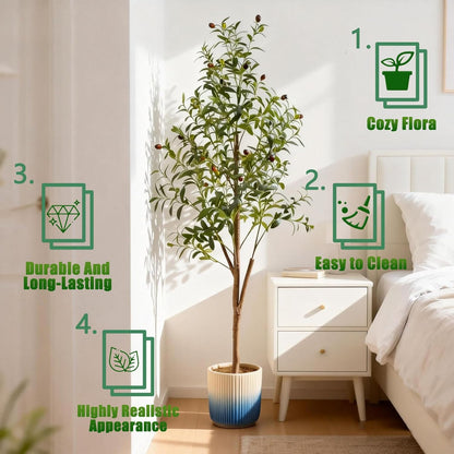 6FT Artificial Olive Tree Indoor, Tall Faux Olive Tree with Pot&Basket, Large Fake Olive Tree with Realistic 1080 Silk Leaves and 60 Fruits for Living Room Home Office Decor.