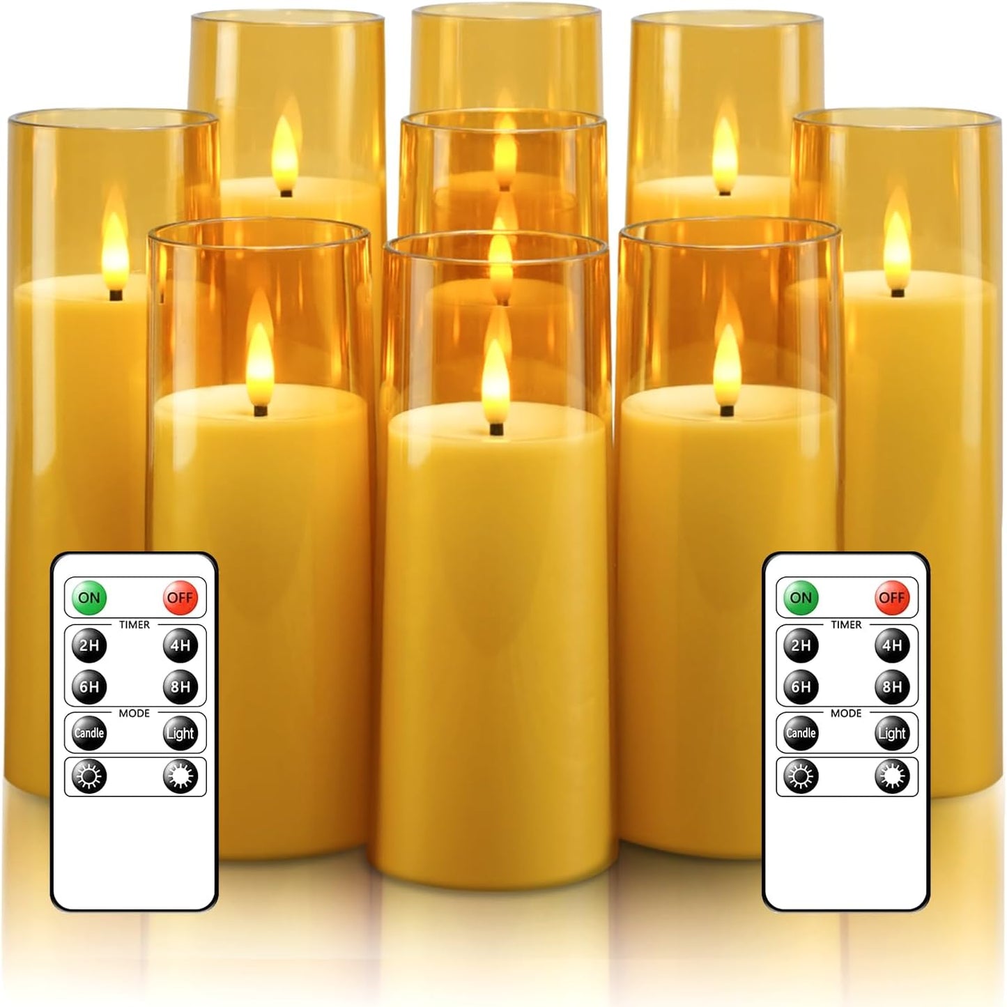 kakoya Flickering Flameless Candles Battery Operated with Remote and 2/4/6/8 H Timer Acrylic Led Pillar Candles Pack of 9 (appr D2.3"xH5.5"6.5"7.5")with Realistic 3D Wick Candles for Home Decor(White)