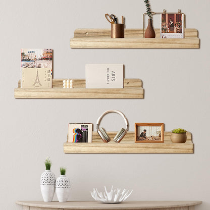 Floating Shelves Set of 3, 16.5 Inch Wood Picture Ledge Shelves for Wall Mounted Display in Bedroom, Living Room, Kitchen(Brown)
