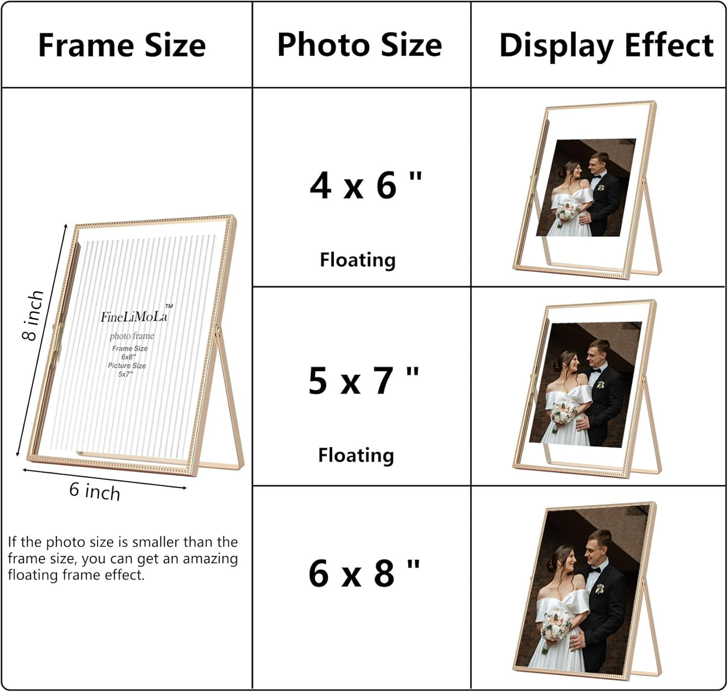 Gold 6x8'' Floating Photo Frame 2 Pack, Beaded Metal Frame Fits 3.5x5'', 4x6'' & 5x7'' Pictures, Adjustable Tabletop & Shelf Display, Elegant Wedding Gift for Home Decor