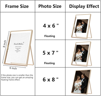 Gold 6x8'' Floating Photo Frame 2 Pack, Beaded Metal Frame Fits 3.5x5'', 4x6'' & 5x7'' Pictures, Adjustable Tabletop & Shelf Display, Elegant Wedding Gift for Home Decor