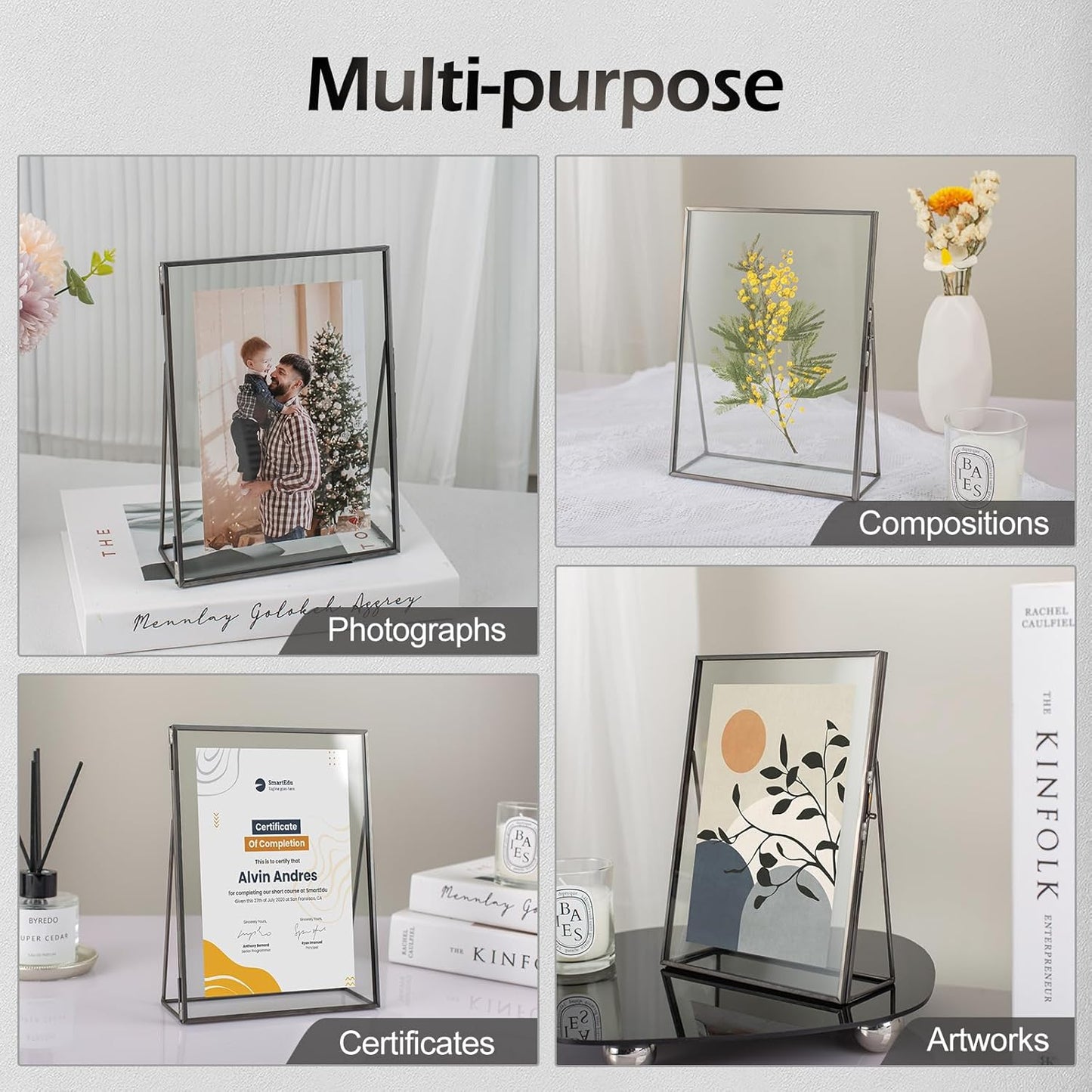 Gold Floating Picture Frame Set of 2, 10"x12" Glass Pressed Flower Picture Frames, Tabletop Standing Glass Floating Frame for 8x10 Photo Display