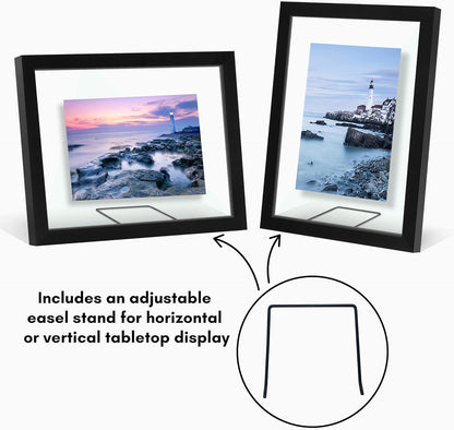 Americanflat 8.5x11 Floating Picture Frame with Polished Crystal-Clear Glass - Set of 2 - Use as 5x7 Frame or Display 4x6 Photo - Signature Float Collection - Photo Frames for Wall Display - Black