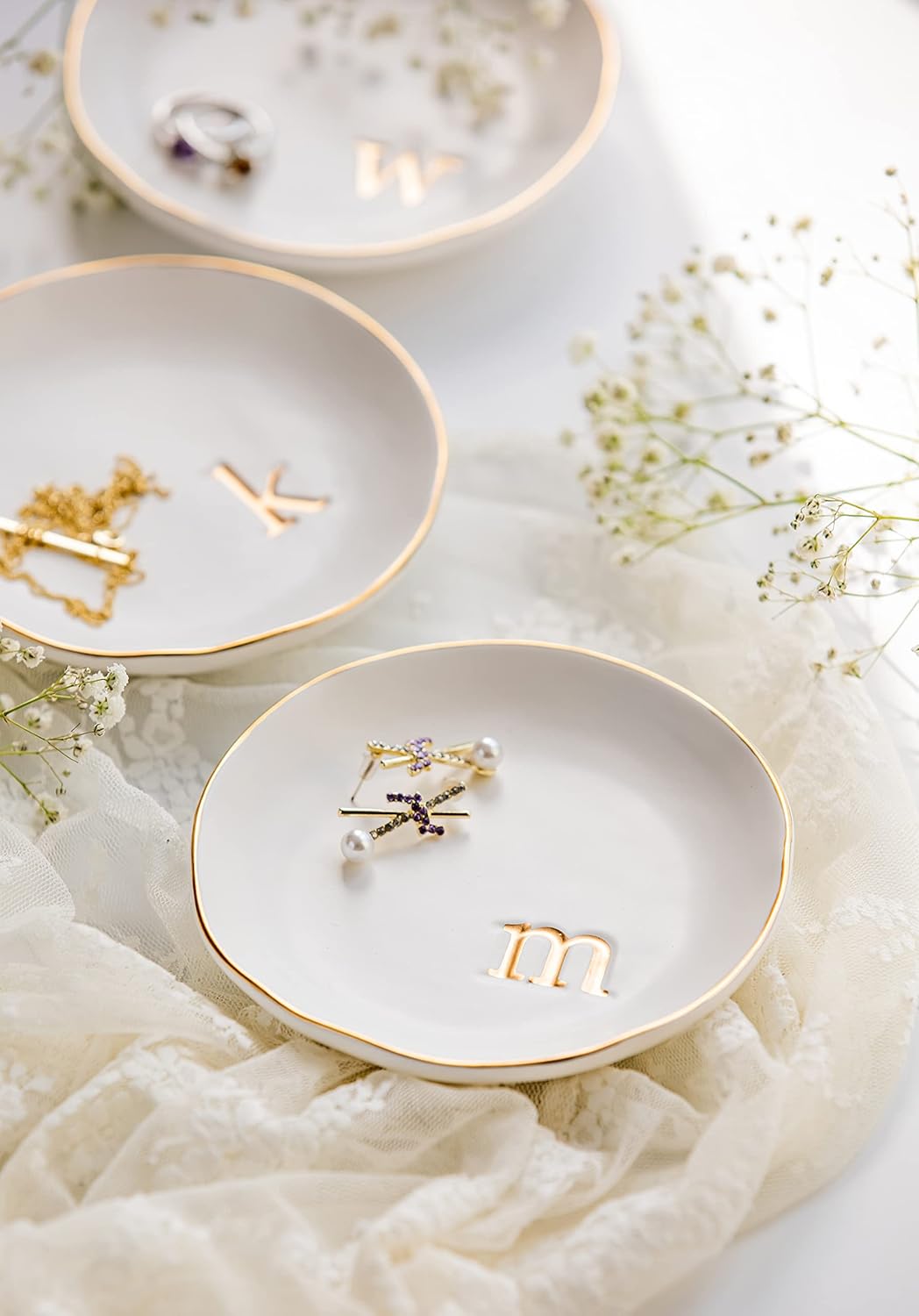 COLLECTIVE HOME - Ceramic Jewelry Tray, Decorative Trinket Dish for Rings Earrings Necklaces Bracelet Watch Keys, Birthday Mother's Day Christmas Gift for Women, 4.75", White Surface (M)