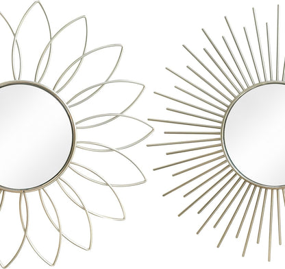 3 Pack Metal Mirrors for Wall Sunburst Wall Mirrors Home Décor Decorative Hanging Wall Art for Living Room Bedroom Entryway (Gold, Flower+Sunburst)