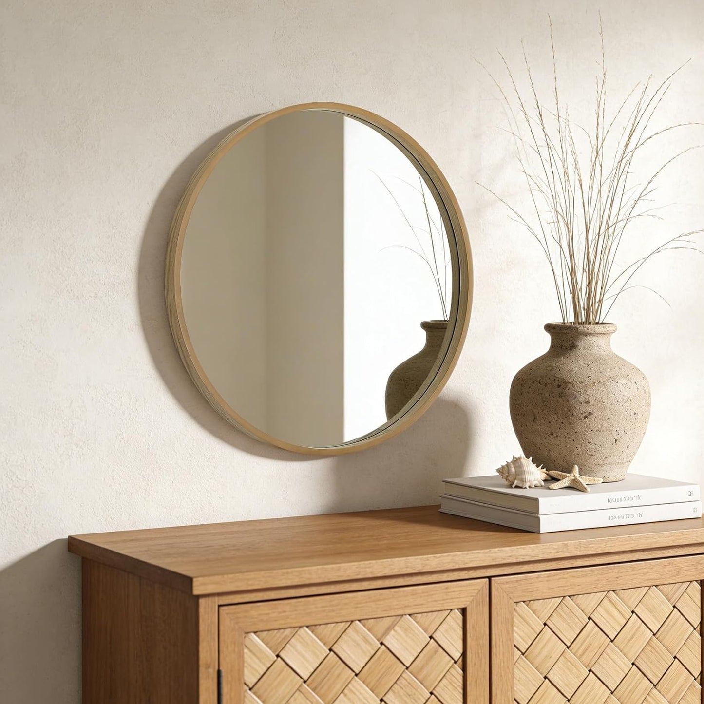 WallBeyond Wood Round Mirror with Wood Frame 24 inch Circle Wall Mirror for Bathroom Round Wall Mirror for Wall Decor, Vanity, Entryway Living Room (Walnut)