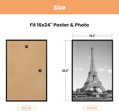 upsimples 24x36 Poster Frame Black 3 Pack, Scratch-Proof Picture Frames 24 x 36 for Photo Gallery - Slide-In Strips, Horizontal or Vertical Wall Mounting