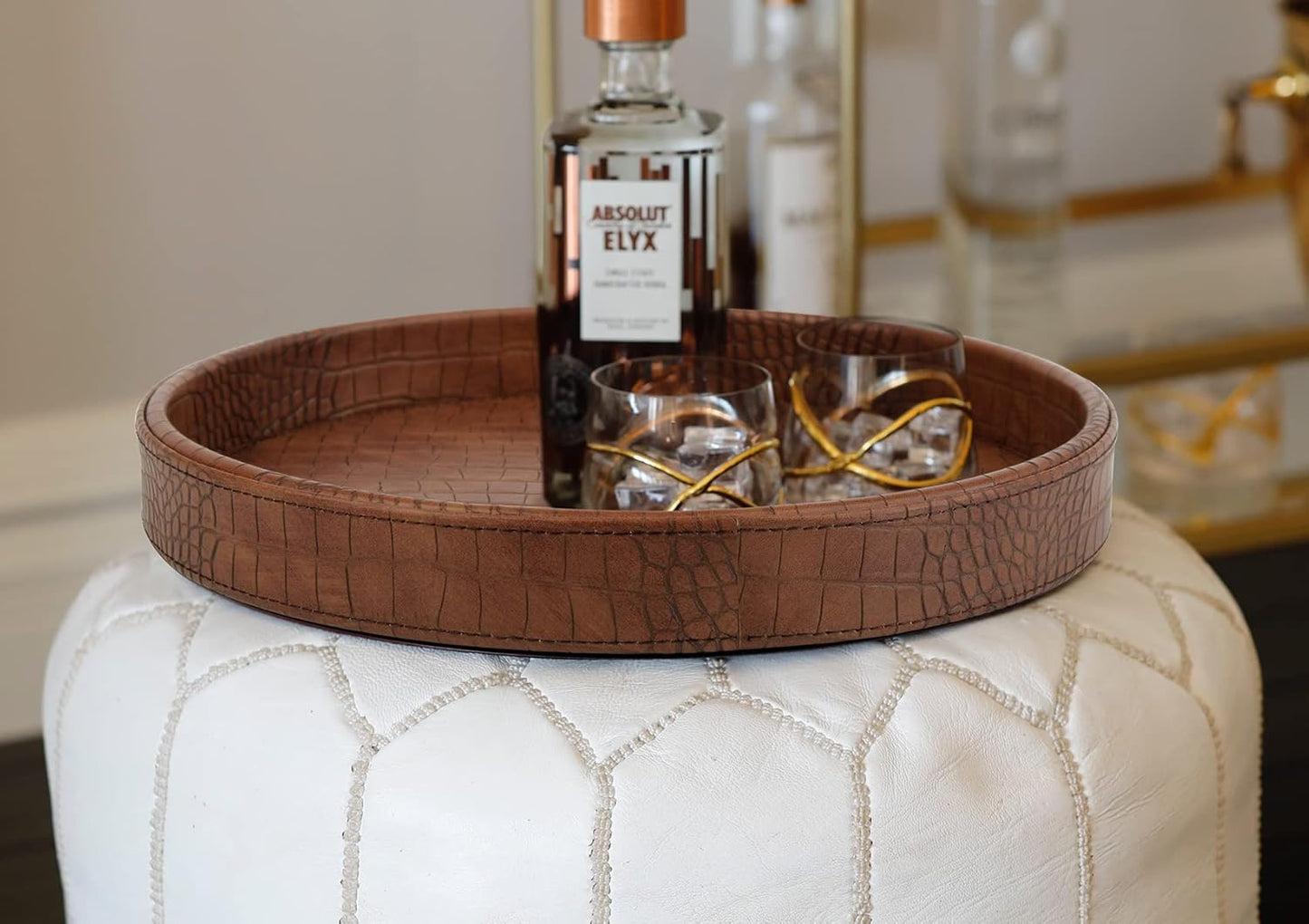 HofferRuffer Round Serving Tray 20'', Elegant Faux Leather Circle Ottoman Table Tray, Serve Tea Coffee Breakfast in Bedroom Living Room Kitchen (Brown)