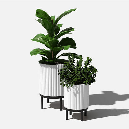 Veradek Demi Series Round Planter w/ Stand for Porch/Patio | Durable Plastic-Concrete & Wooden Stand | Modern Décor for Tall Plants, Flowers