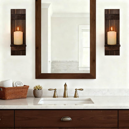 Candle Sconces Set of 2: Farmhouse Wall Candle Holder, Dark Brown Wood Wall Sconces Set of Two,Handmade Wooden Art Decor for Living Room, Dining Room, Bathroom, Bedroom, or Entryway, 15.7"x5"
