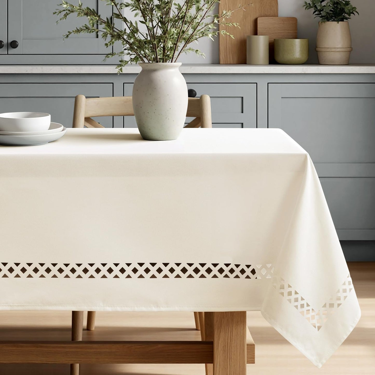 MIULEE Beige Rectangle Linen Polyester Tablecloth with Decorative Cutouts Spring Waterproof Stain Resistant & Shrink-Proof Table Cloth 52x70 inch Farmhouse Style for Dining Wedding and Outdoor