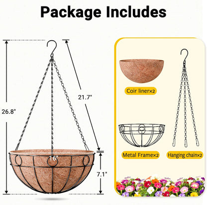 ZeeDix 2 Pack Round Hanging Baskets for Plants Outdoor, 12 Inch Metal Wire Planter Basket with Coco Liner, Hanging Flower Pots for Garden Yard Patio Porch Balcony Decor