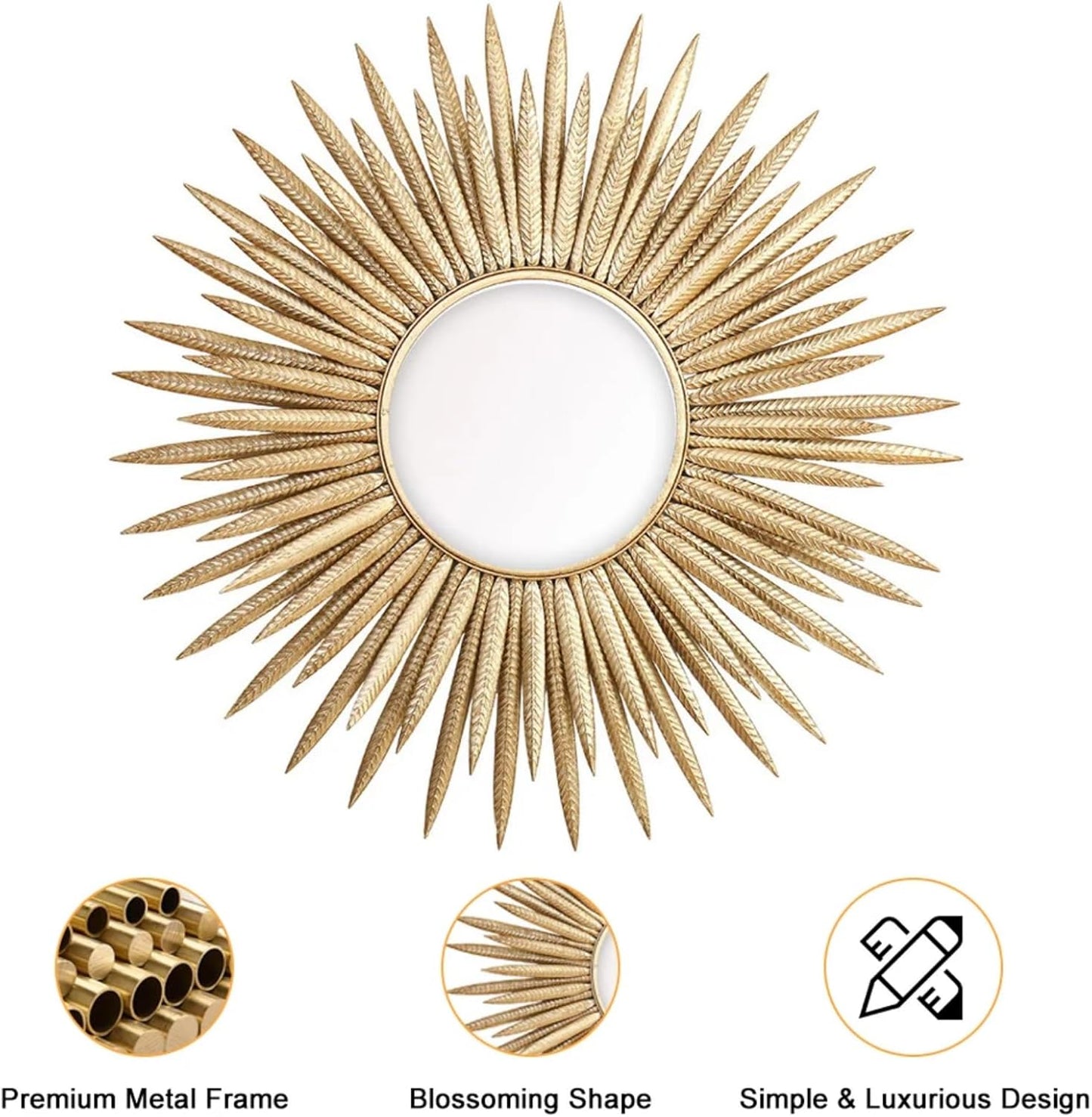 homary Sunburst Wall Mirror, 33.7" Gold Accent Mirror with Embossed Metal Frame for Living Room, Entryway, or Bedroom Decor (1, Style-A)