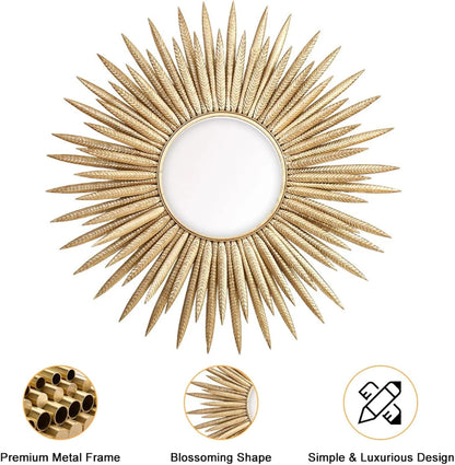 homary Sunburst Wall Mirror, 33.7" Gold Accent Mirror with Embossed Metal Frame for Living Room, Entryway, or Bedroom Decor (1, Style-A)