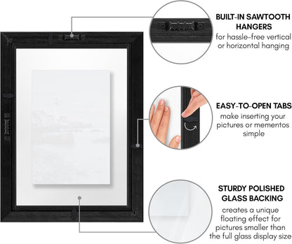 Americanflat Aluminum 11x14 Floating Picture Frame with Shatter-Resistant Glass - Use as 8x10 Picture Frame or Display 11x14 Photo - Signature Float Collection - Photo Frames for Wall Display - Black