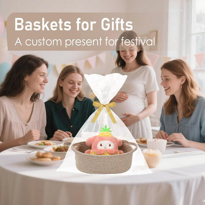 JMvicyroam Woven Basket,Small Rope Storage Bin with Handles & Ribbon Bag, Organizer for Shelves Closets,Gift Basket Empty for Birthday,Books,Dog Toys,White