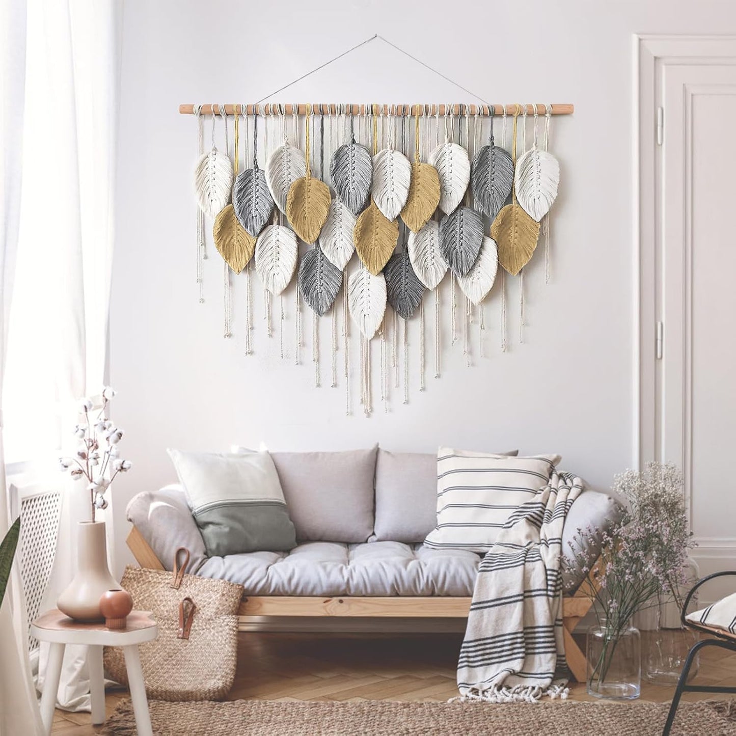LOMOHOO Macrame Wall Hanging Boho Beige Leaves Tapestry Bohemian Handmade Woven Wall Art Decoration for Bedroom Living Room Apartment Dorm Gallery Perfect Handmade Gift Ideas