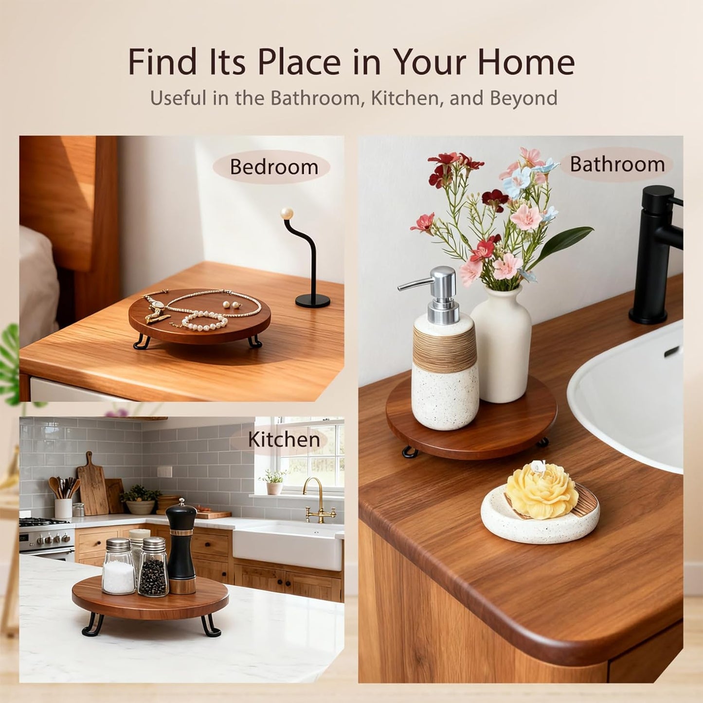 8 Inch Round Wood Riser with Metal Legs - Decorative Pedestal Tray Stand for Countertop Organizer - Farmhouse Boho Style Display Stand for Kitchen, Bathroom, Coffee Bar