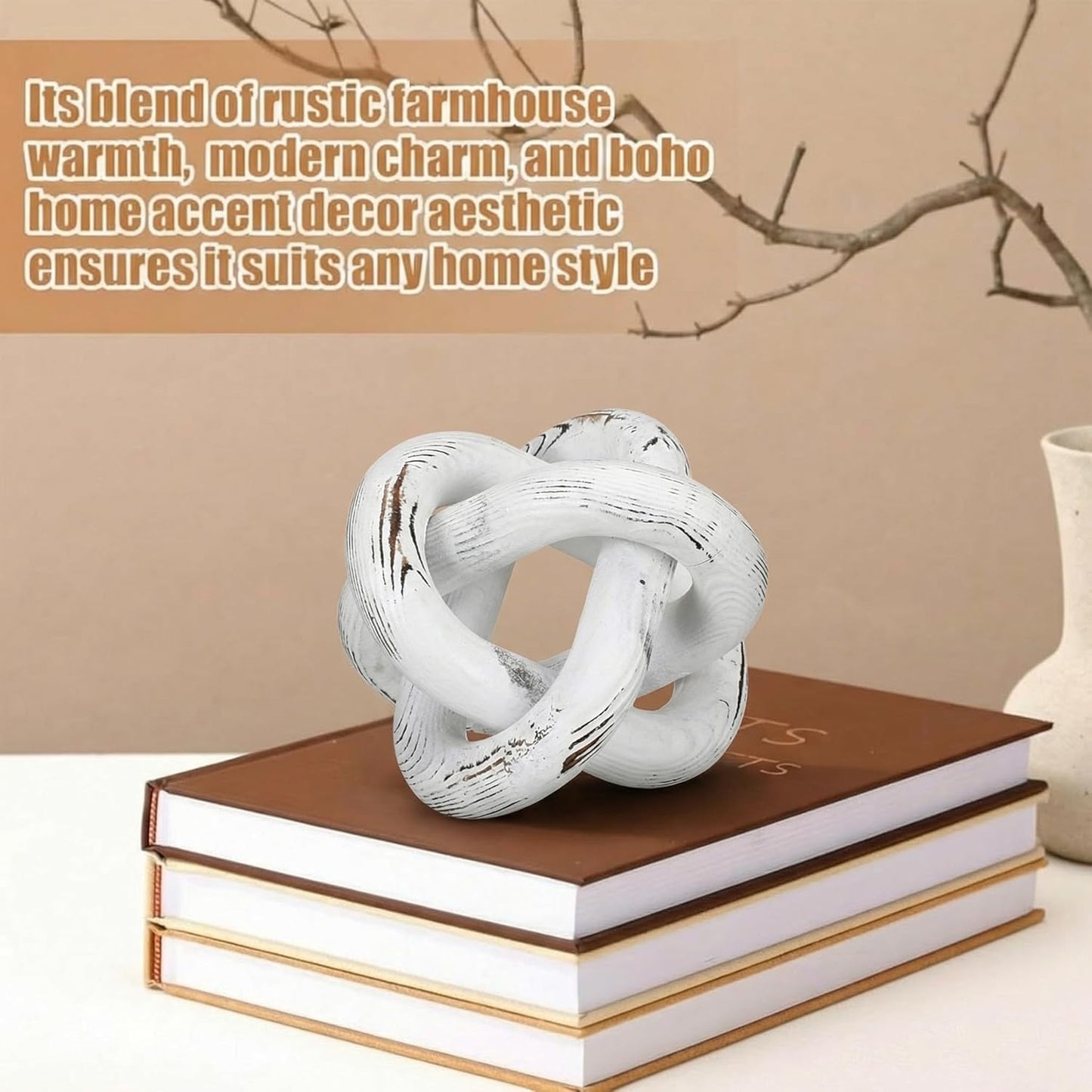 Yalikop 3 Link Wood Knot Decor Rustic Home Décor Accents Hand Carved Coffee Table Decoration, Boho Chain Link Decoration, Modern Shelf, Rustic Objects for Home Living Room Bedroom(White)
