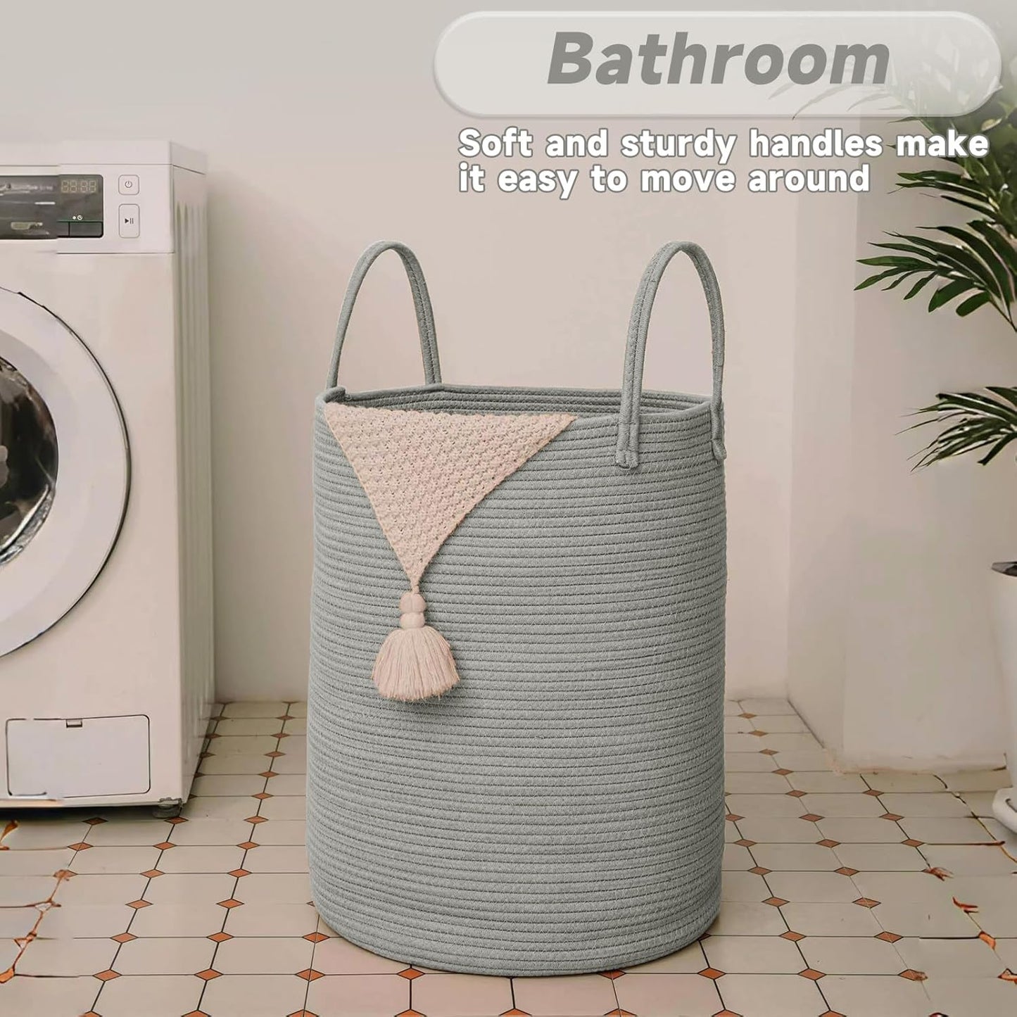 JMvicyroam Large Woven Laundry Basket Hamper,60L Cotton Rope Storage Bin for Blankets,Toys and Clothes,Decorative Tall Nursery Hamper for Living Room,Baby Nursery,Bathroom and Bedroom,Brown