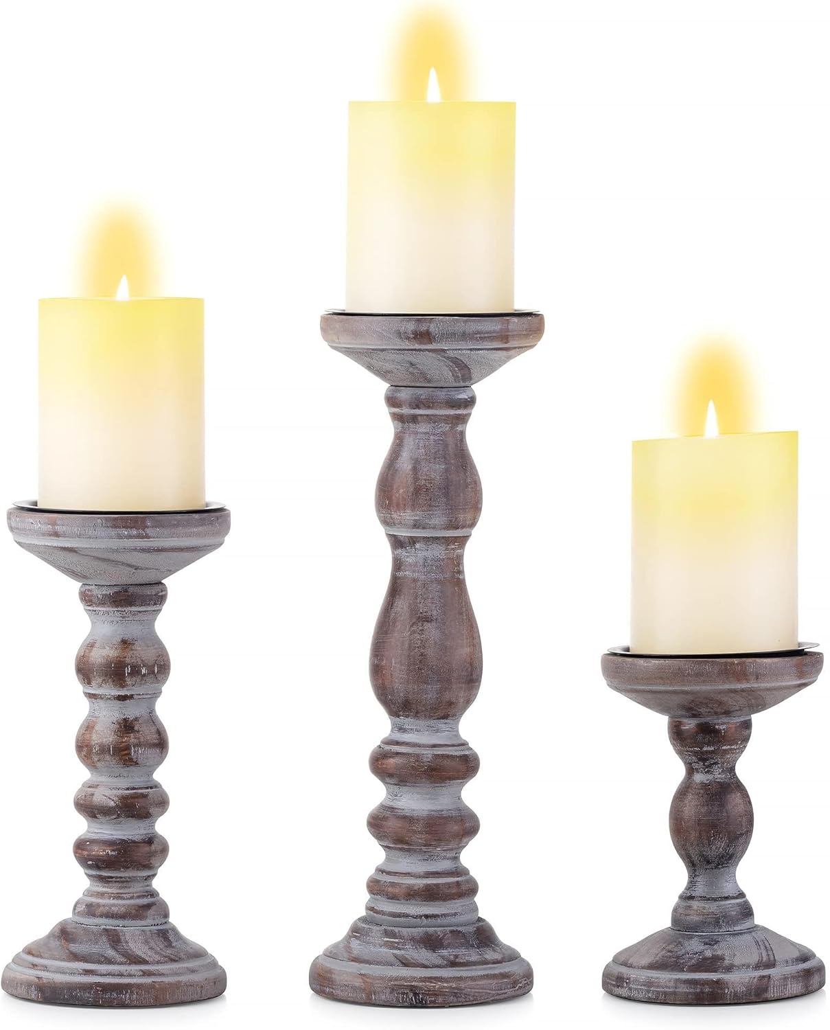 Wood Pillar Candle Holder: 3Pcs Rustic White Candle Holders for Pillar Candles Wood Candle Holders Distressed Wooden Farmhouse Candle Holder Large Rustic Candle Holder for Fireplace Table