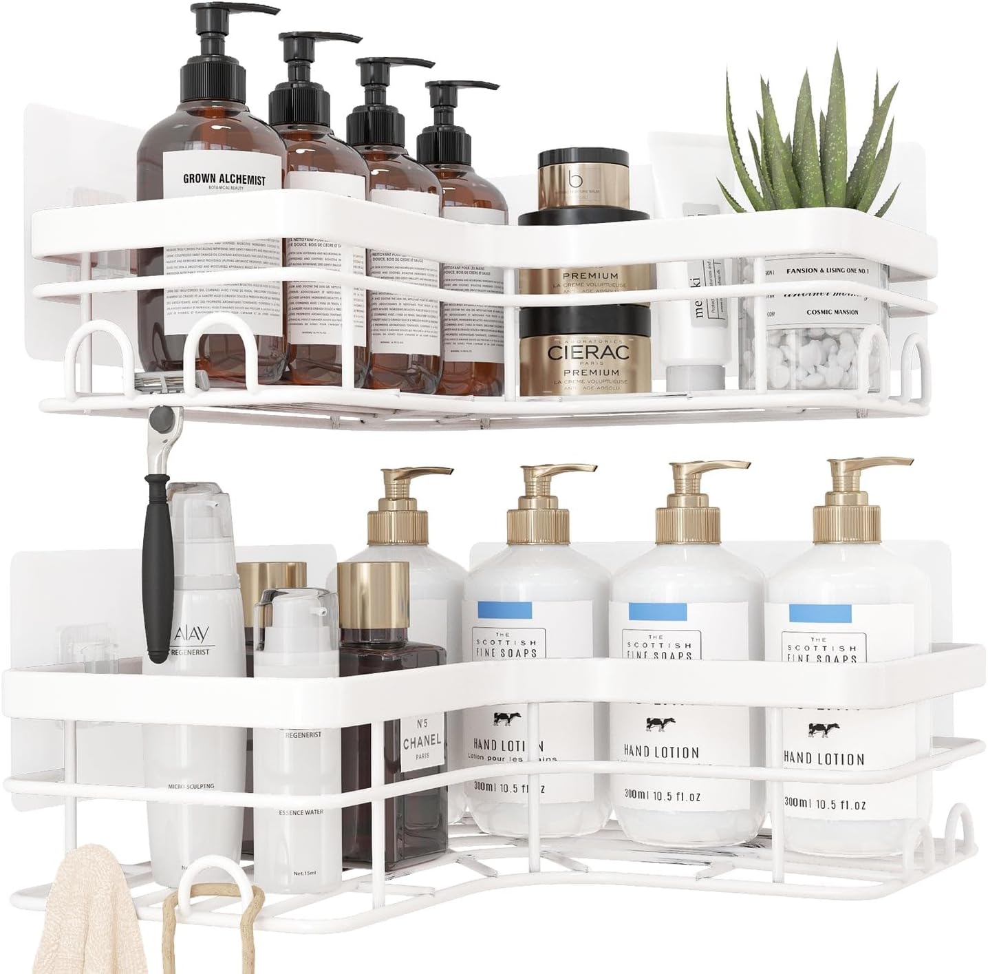Sakugi Corner Shower Caddy - 2 Pack, Adhesive Shower Organizers, Rustproof Stainless Steel Shower Shelves with 8 Hooks, No Drilling Bathroom Organizers and Storage Racks, Space-Saving, Black, Medium