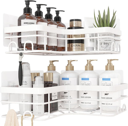 Sakugi Corner Shower Caddy - 2 Pack, Adhesive Shower Organizers, Rustproof Stainless Steel Shower Shelves with 8 Hooks, No Drilling Bathroom Organizers and Storage Racks, Space-Saving, Black, Medium