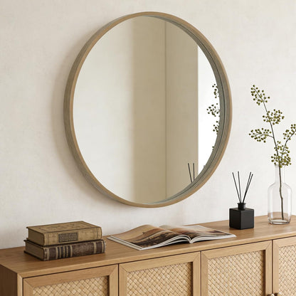 WallBeyond Wood Round Mirror with Wood Frame 24 inch Circle Wall Mirror for Bathroom Round Wall Mirror for Wall Decor, Vanity, Entryway Living Room (Walnut)