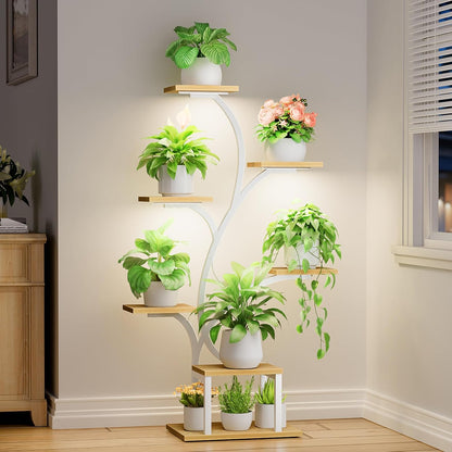 BACEKOLL Plant Stand Indoor with Grow Lights, 7 Tiered Indoor Plant Shelf, 49" Corner Plant Stands for Indoor Plants, Metal Plant Flower Display Shelf, Tree-Shaped Plant Rack for Home, Patio, Brown