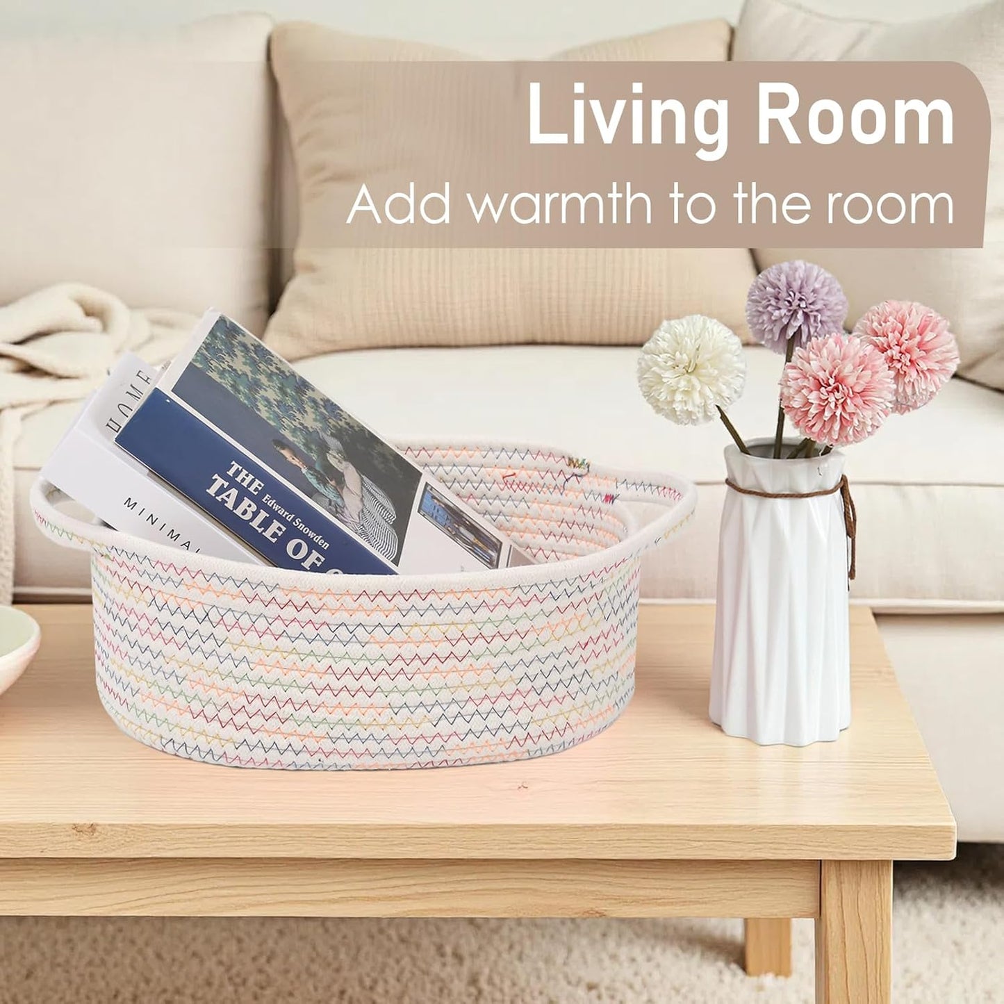 JMvicyroam Woven Basket,Small Rope Storage Bin with Handles & Ribbon Bag, Organizer for Shelves Closets,Gift Basket Empty for Birthday,Books,Dog Toys,White