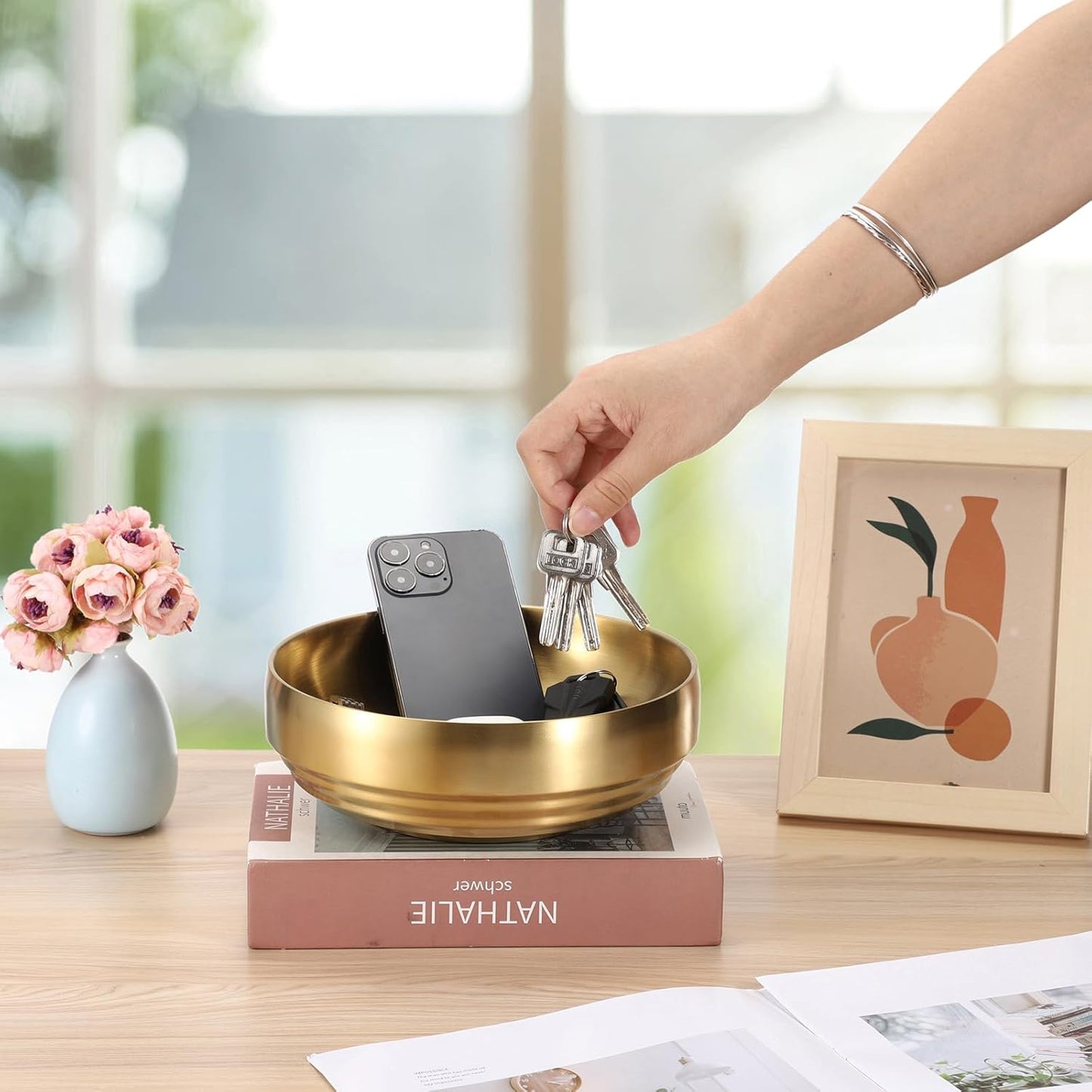 Key Bowl for Entryway Table Decorative Key Dish for Organizing Tabletop Catch All Bowl Gold Fruit Bowls for Kitchen Counter, Coffee Table,7.4 Inches