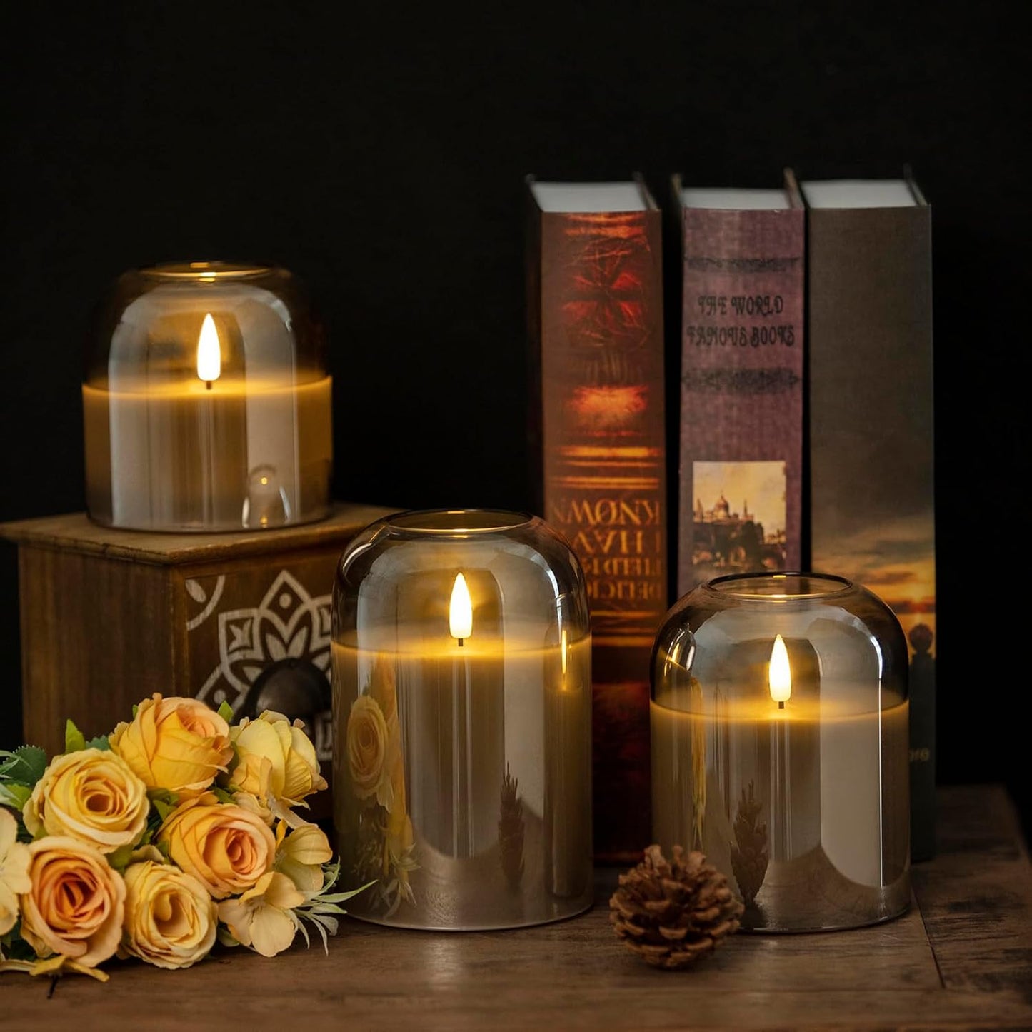 volnyus Gold Glass Flameless Candles with Remote Battery Operated Flickering LED Pillar Candles Real Wax 3D Wick Φ 4" H 4" 5" 6"