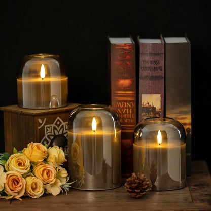 volnyus Gold Glass Flameless Candles with Remote Battery Operated Flickering LED Pillar Candles Real Wax 3D Wick Φ 4" H 4" 5" 6"