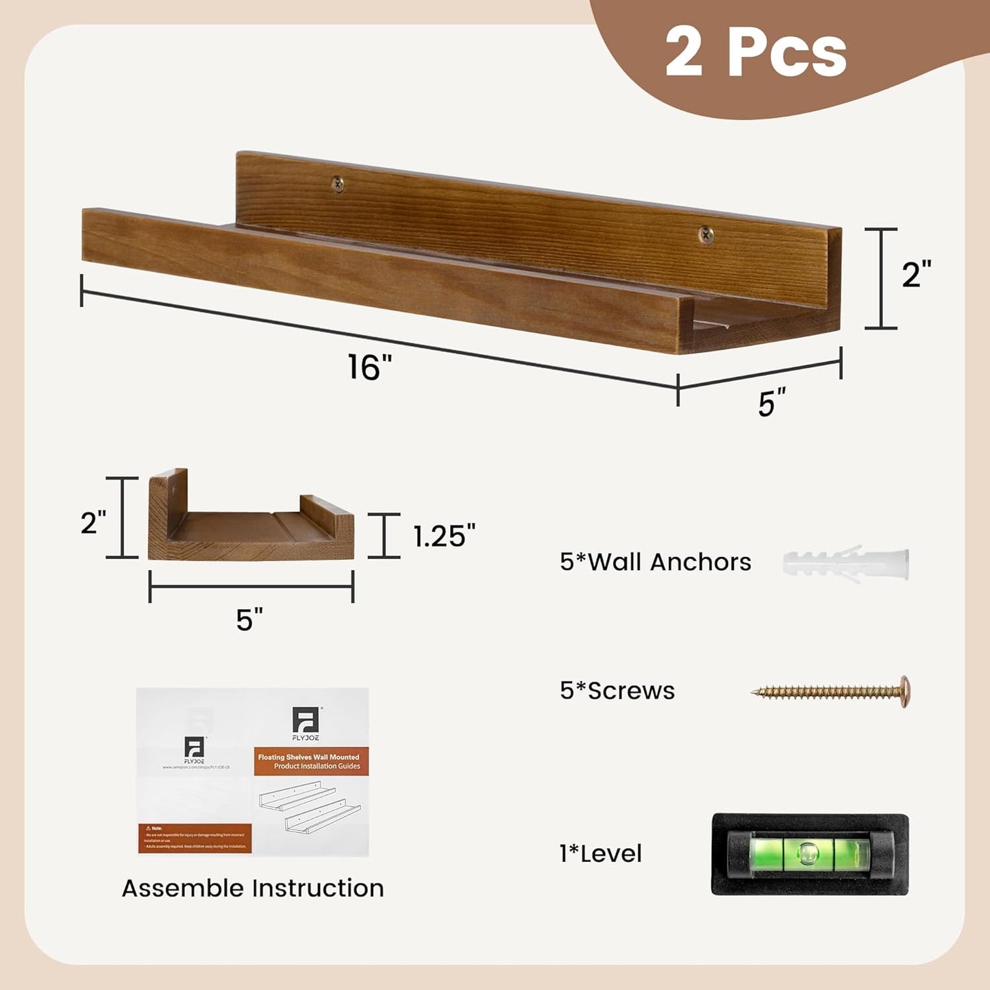 FLYJOE Picture Ledge Shelf, Floating Shelves Set of 2, Solid Pine Wood 55'' Long Large Nursery Book Shelves for Toys Storage, Kids Bookshelf for Living Room Bedroom Decor Books Photo Frames, Walnut