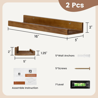 FLYJOE Picture Ledge Shelf, Floating Shelves Set of 2, Solid Pine Wood 55'' Long Large Nursery Book Shelves for Toys Storage, Kids Bookshelf for Living Room Bedroom Decor Books Photo Frames, Walnut