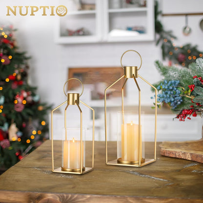 Nuptio Decorative Lantern Candle Holder: 2 Pcs Glass Hurricane Pillar Candles Holders Rustic Black Metal Hanging Lanterns Decor for Outdoor Wedding Farmhouse Home Fireplace Christmas Halloween