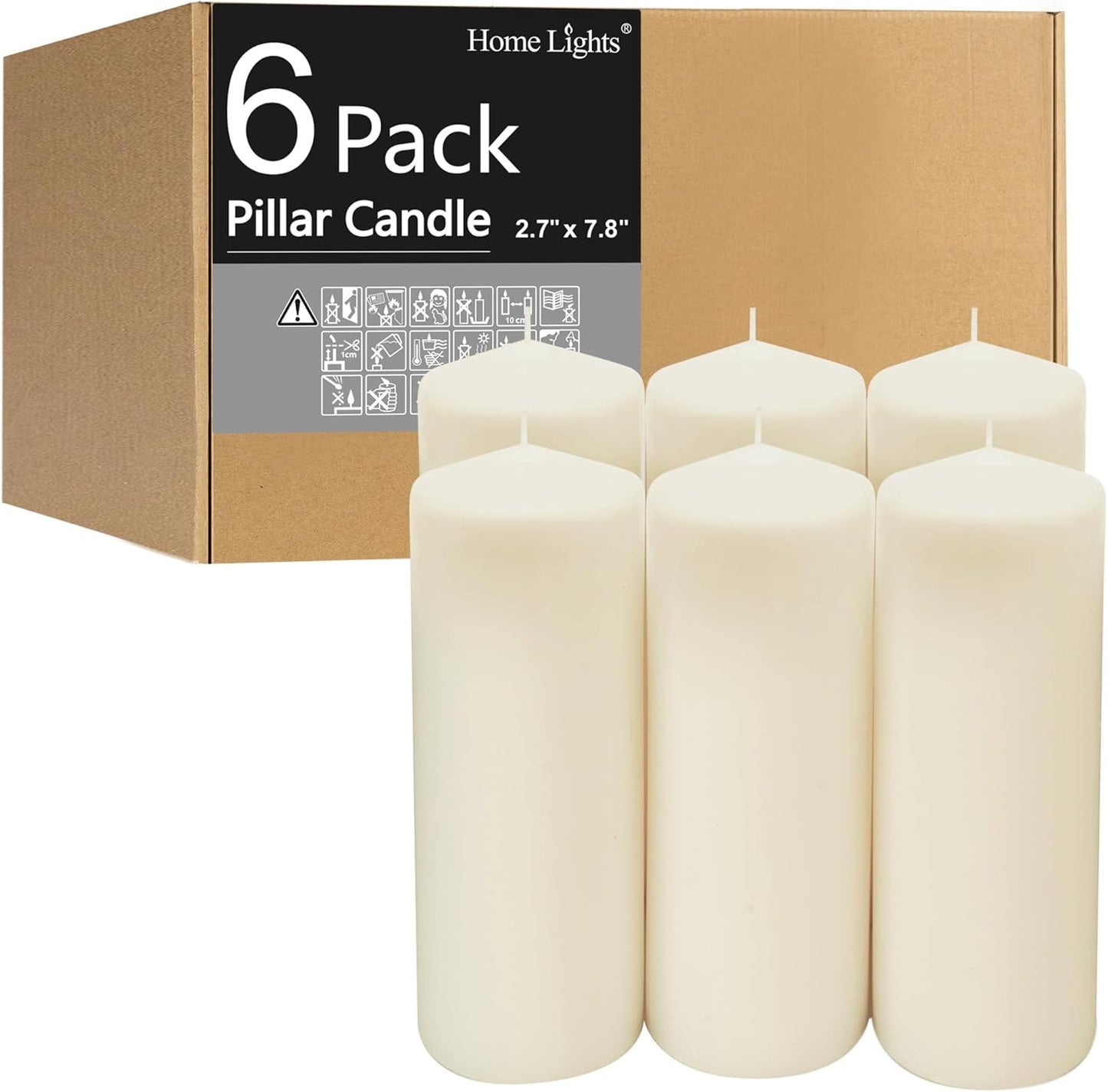 HomeLights Pillar Candles - 2.7x6 inch | 60 Hours Burning, 6 Count - White Unscented Smokeless European Pillar Candles - Perfect for Wedding, Parties, Spas, Home Gatherings and Dinner