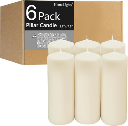 HomeLights Pillar Candles - 2.7x6 inch | 60 Hours Burning, 6 Count - White Unscented Smokeless European Pillar Candles - Perfect for Wedding, Parties, Spas, Home Gatherings and Dinner