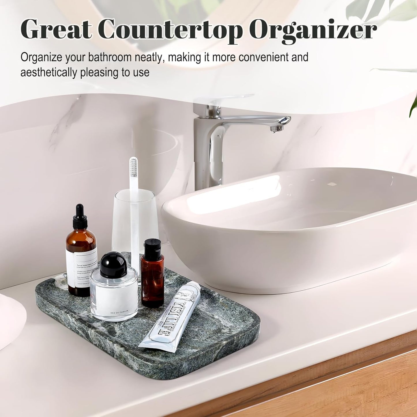 Koville Romano Travertine Tray, 12"x8" Natural Stone Vanity Tray for Countertop Bathroom Kitchen Dresser, Decorative Marble Catchall Trays for Perfume Jewelry, Rectangular Serving Tray(Beige)