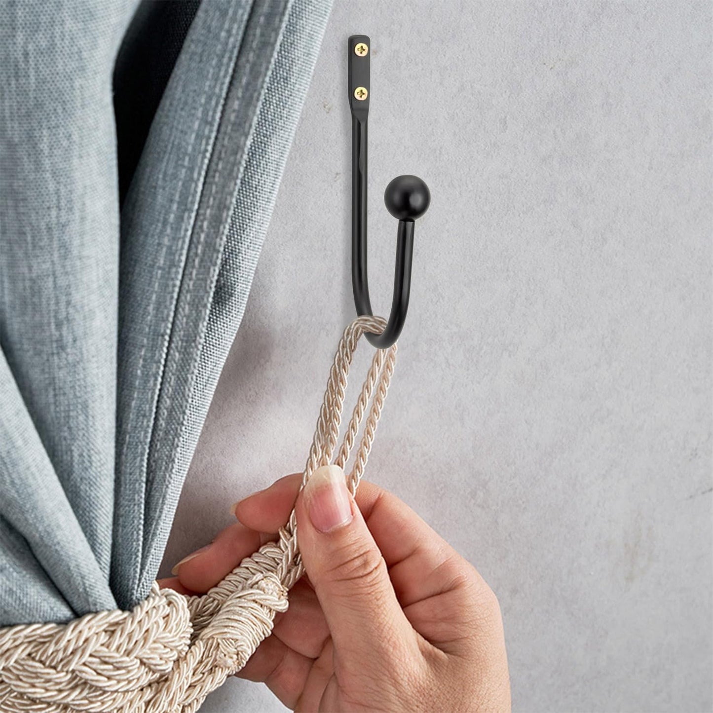 2 Pack Curtain Holdbacks - Silver, Decorative Drapery Wall Hooks with Hardware, Curtain Pull Back Hooks, Metal Curtain Tiebacks Wall Mounted, Window Side Holders for Drapes, Curtain Accessories
