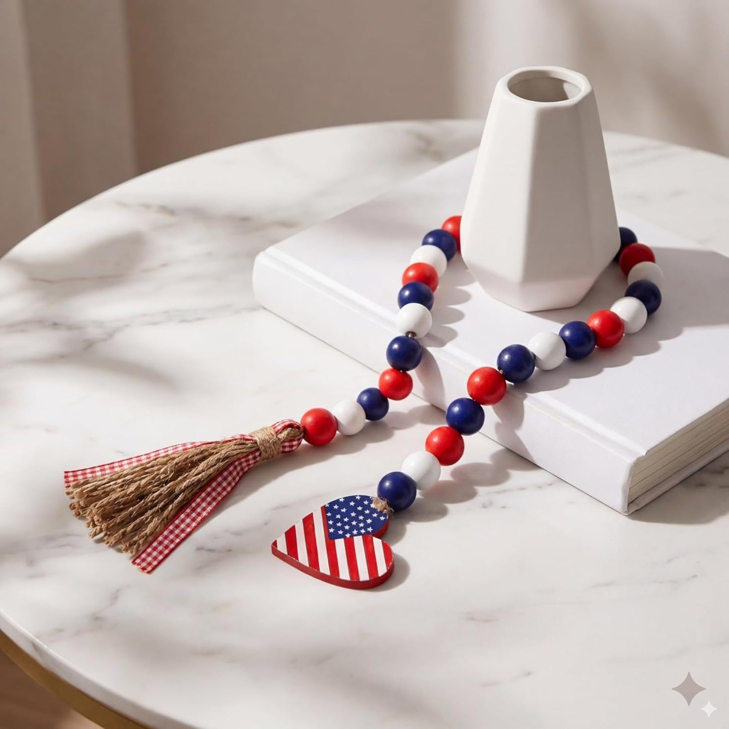 Wood Bead Garland with American Flag and Rustic Tassels, Farmhouse Wall Hanging Prayer Beads Patriotic American Independence Day 4th of July Ornaments for Home Decor