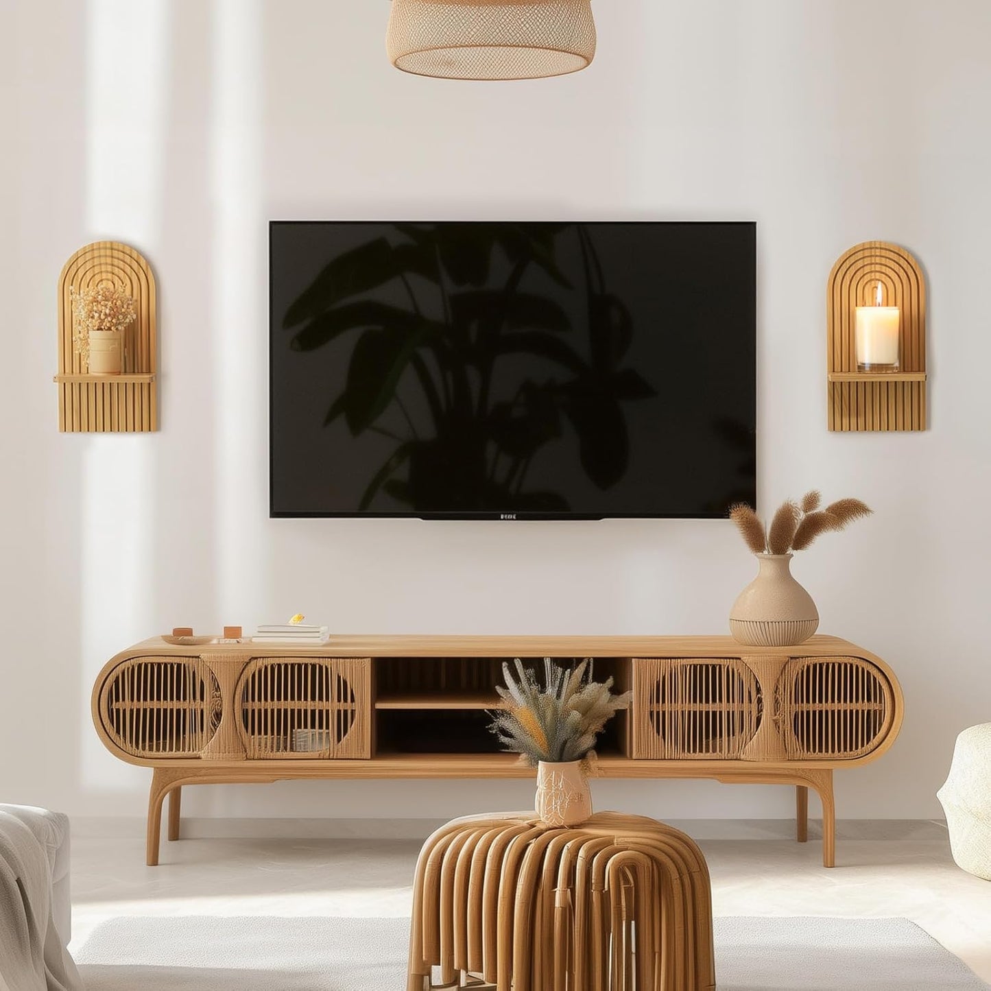 Mid Century Modern Candle Sconces: Set of 2 Walnut Boho Wall Candle Holder Decor for Living Room Fireplace - Arch Candle Shelf for Plants Pillars Candles